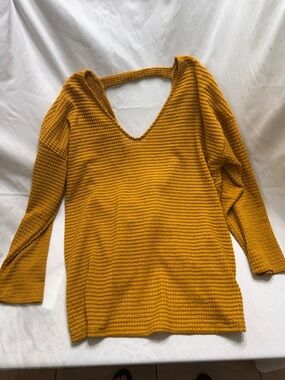 Three Bird Nest Mustard Sweater Twist Back Open Back Waffle Knit Boho